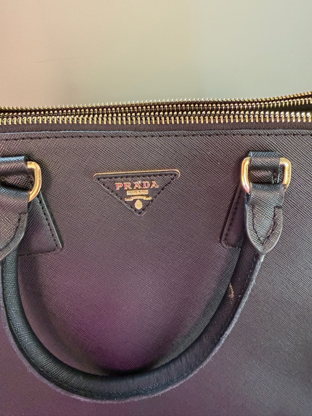 Prada Black Saffiano Double-Zip Satchel with Gold Hardware - Picture 6 of 12